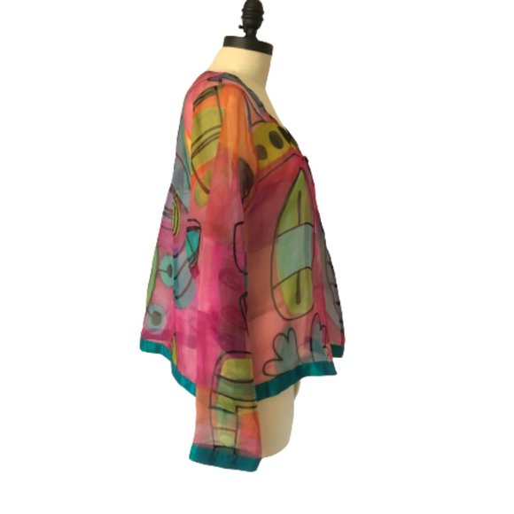 100% Silk Sheer Organza Hand Painted Colorful Top - Picture 9 of 15